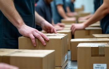 Workers assembling cardboard boxes