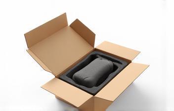 Product cushioned with protective packaging inside a box